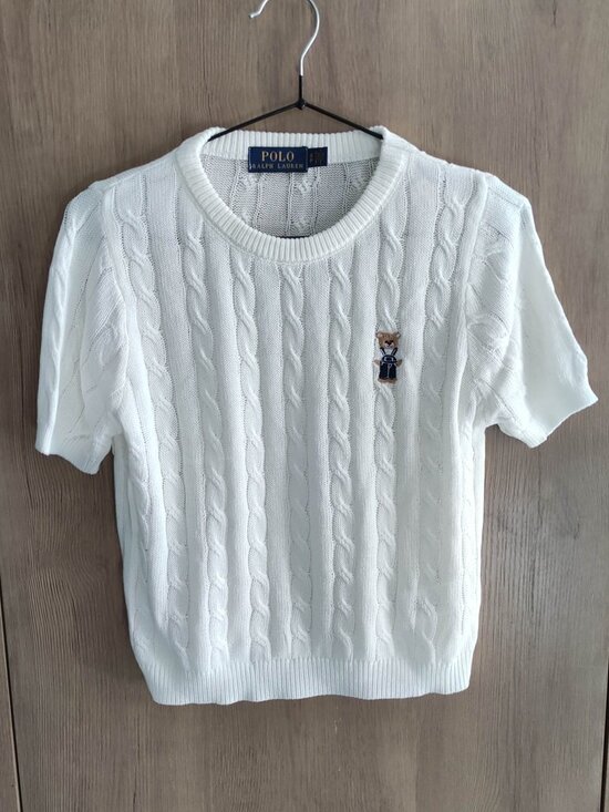Polo Ralph Lauren Sweaters - Polo Ralph Lauren White Cable Knit Short Sleeve Sweater Embroidered Polo Bear